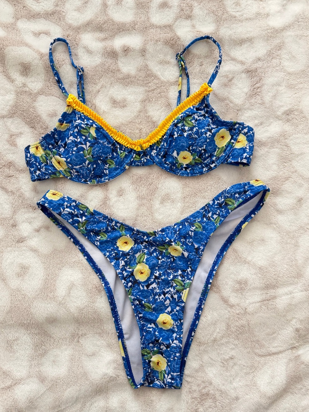 SHEIN Blue Floral Bikini with Yellow Trim